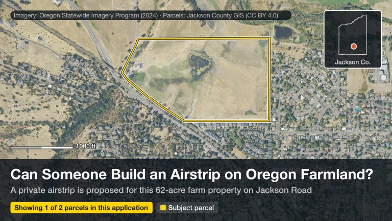 Aerial photo of a 62-acre farm property on Jackson Road at the edge of Ashland, outlined in yellow, where a private grass airstrip is proposed.