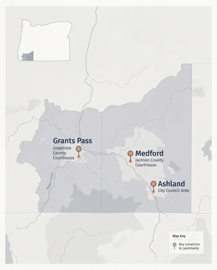 Map of Jackson County and Josephine County showing key civic locations