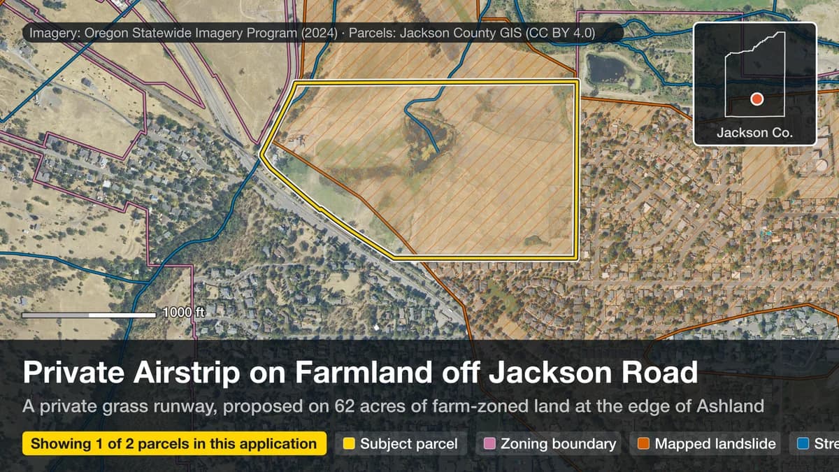 Aerial photo (OSIP 2024) of the 62.15-acre subject parcel — T39S R1E S05 TL 200, Jackson County — outlined in yellow, zoned EFU. Showing 1 of 2 parcels in this application.