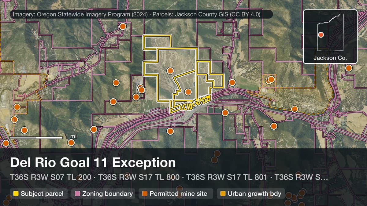 Aerial photo (OSIP 2024) of the 797.55-acre subject parcels — T36S R3W S07 TL 200; T36S R3W S18 TL 100; T36S R3W S19 QQ A TL 400; T36S R3W S19 QQ A TL 502; T36S R3W S18 TL 101; T36S R3W S19 QQ A TL 402; T36S R3W S19 QQ A TL 501; T36S R3W S19 QQ A TL 500; T36S R3W S19 QQ A TL 600; T36S R3W S19 QQ A TL 700; T36S R3W S19 QQ A TL 1000; T36S R3W S19 QQ A TL 100; T36S R3W S19 QQ A TL 1100; T36S R3W S17 TL 801; T36S R3W S19 QQ A TL 1200; T36S R3W S17 TL 800; T36S R3W S17 TL 802; T36S R3W S17 TL 803; T36S R3W S17 TL 804, Jackson County — outlined in yellow, zoned WR/EFU/RR-2.5/RR-5.