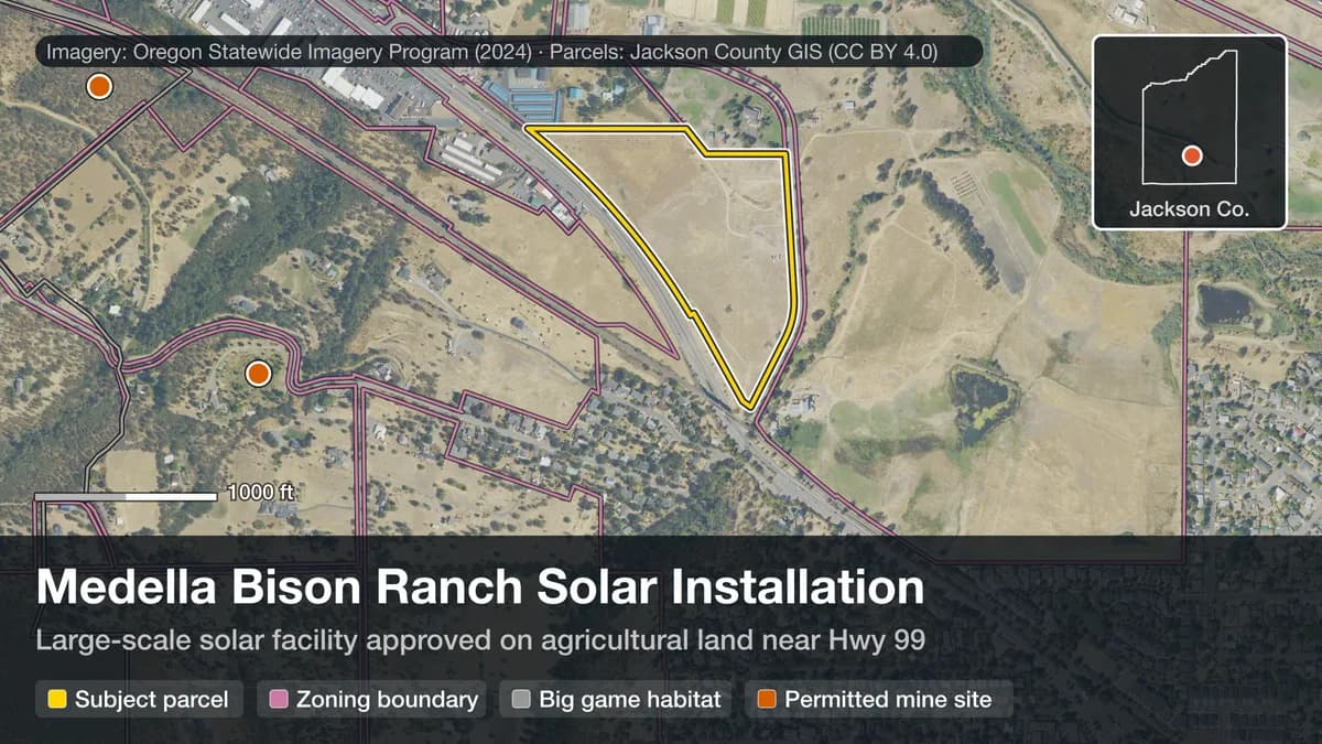 Aerial photo (OSIP 2024) of the 24.03-acre subject parcel — T38S R1E S32 TL 1600, Jackson County — outlined in yellow, zoned EFU.