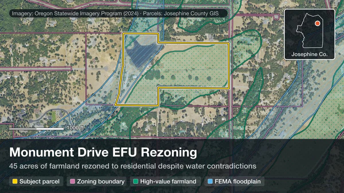 Aerial photo (OSIP 2024) of the 45.03-acre subject parcel — T35S R06W S03 QQ 00 TL 1400, Josephine County — outlined in yellow, zoned FR.