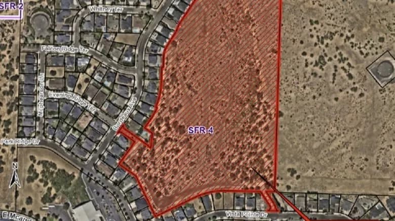 Aerial zoning map showing the SFR-4 subject area for the proposed 199-unit Mountain Top Village apartment complex on Roxy Ann Peak in Medford