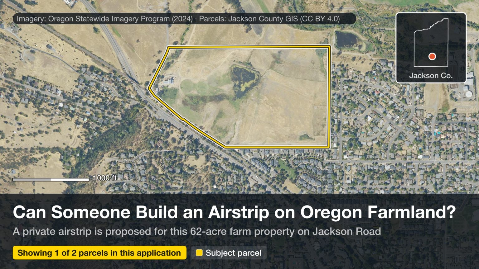 Aerial photo of a 62-acre farm property on Jackson Road at the edge of Ashland, outlined in yellow, where a private grass airstrip is proposed.